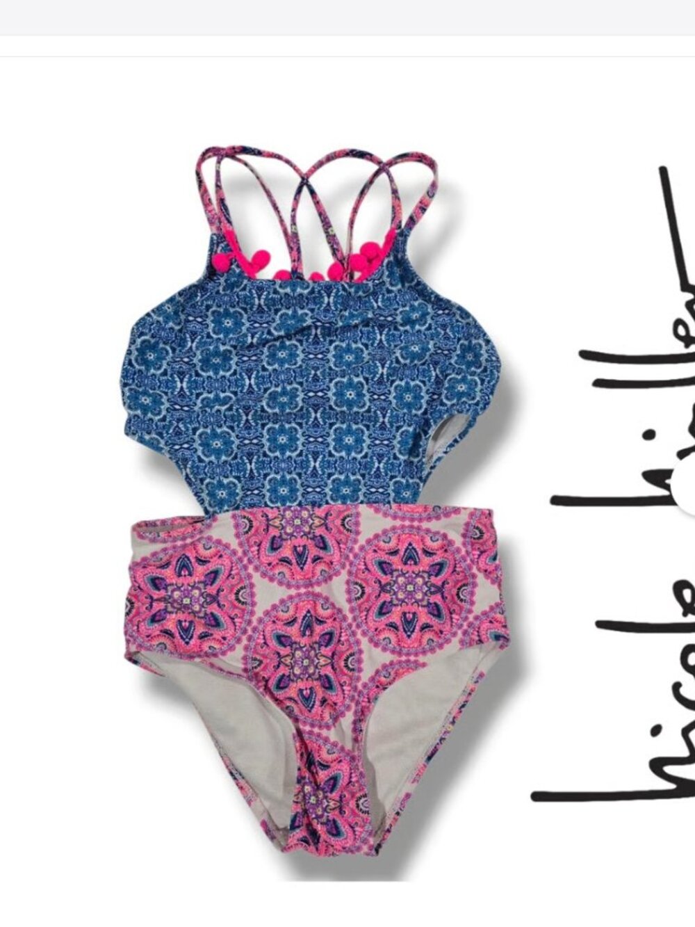 Girls Size 4 Nicole Miller New York Girls Monokini Swimsuit Pink Blue Boho